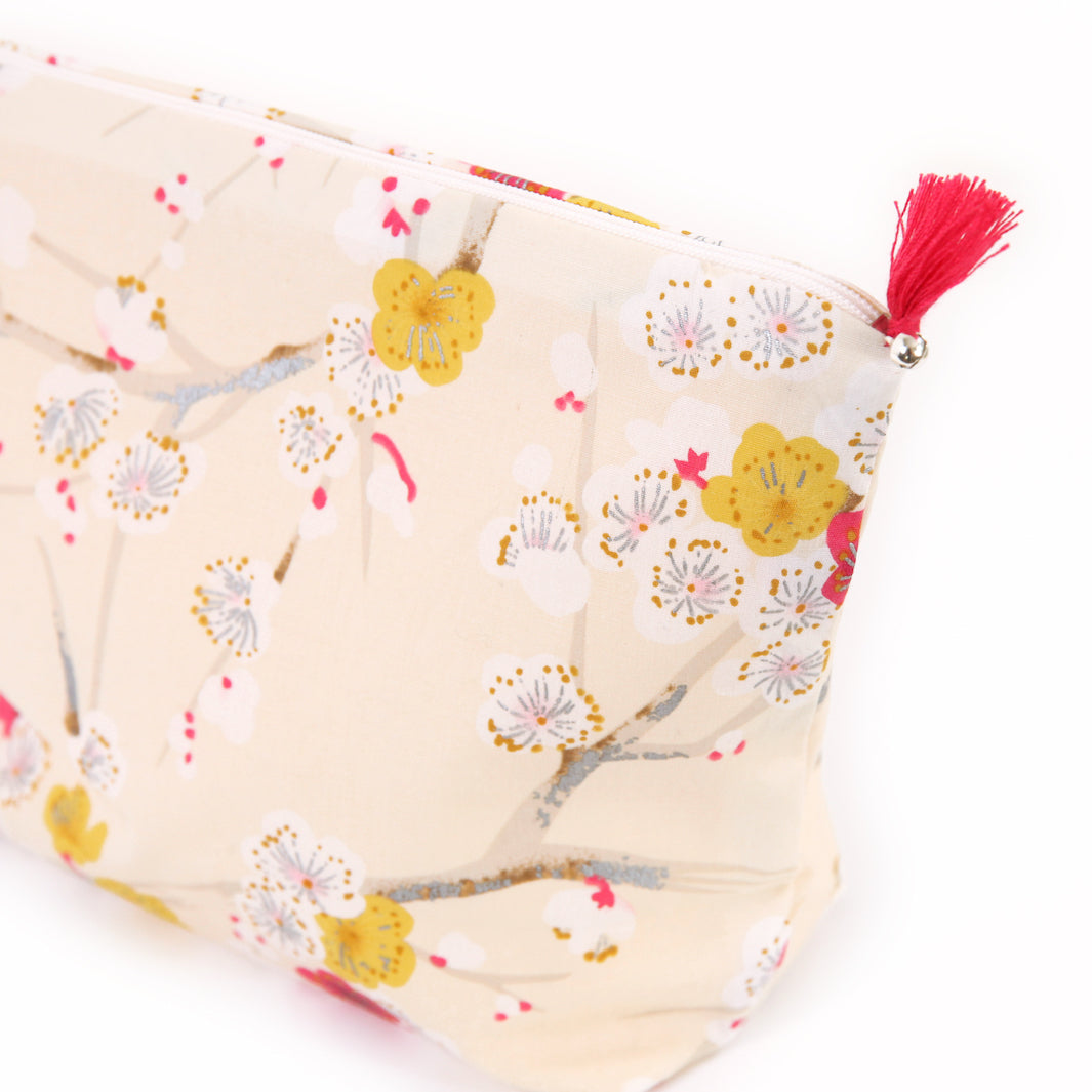 Trousse avec Fond en Tissus Japonais - Branches de Fleurs de Prunier - Beige, Jaune et Rose