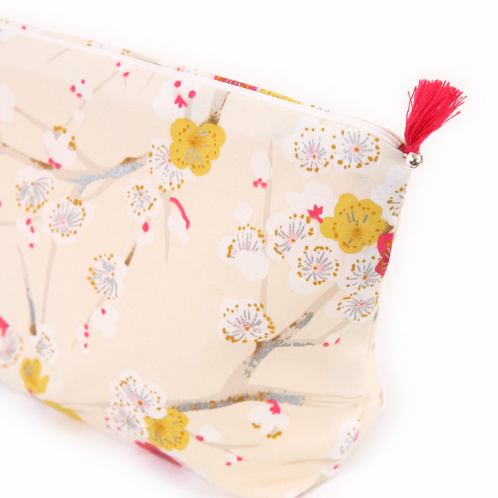 Trousse avec Fond en Tissus Japonais - Branches de Fleurs de Prunier - Beige, Jaune et Rose