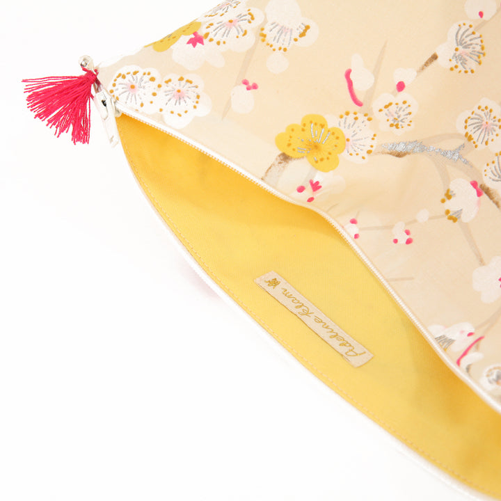 Trousse avec Fond en Tissus Japonais - Branches de Fleurs de Prunier - Beige, Jaune et Rose