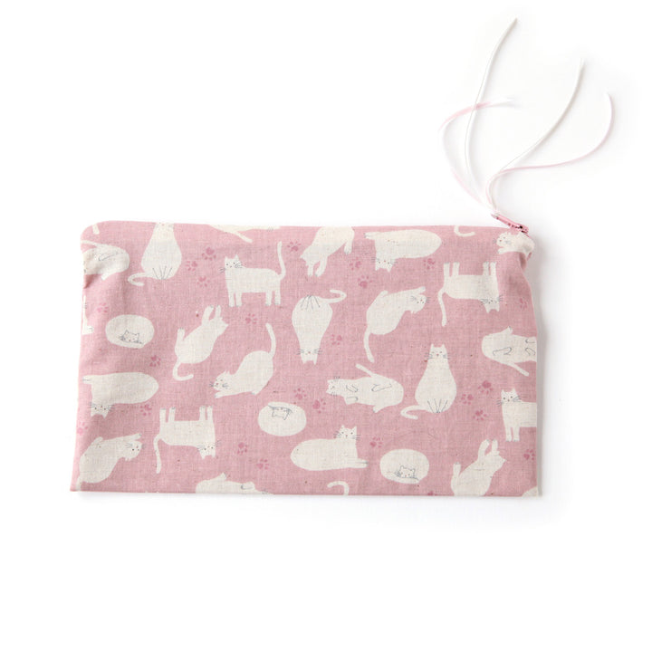 Trousse Plate en Tissus Japonais - Chats - Vieux Rose et Beige