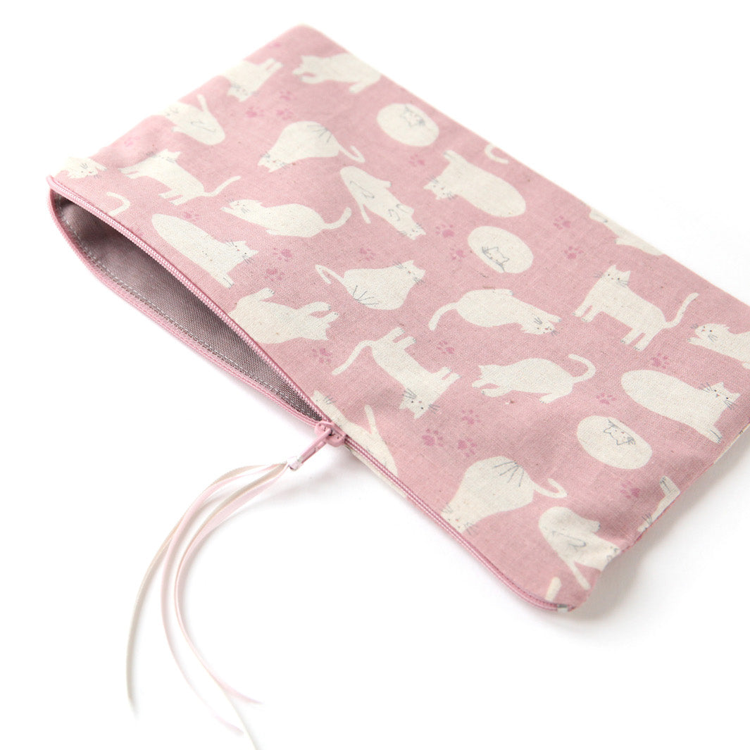 Trousse Plate en Tissus Japonais - Chats - Vieux Rose et Beige