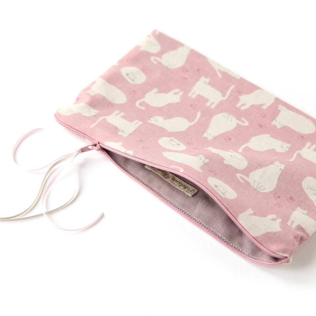 Trousse Plate en Tissus Japonais - Chats - Vieux Rose et Beige