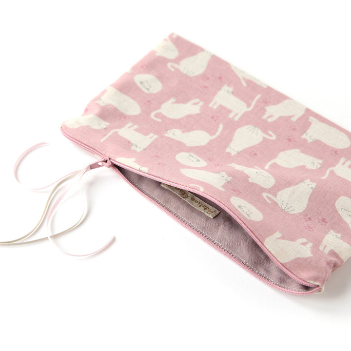Trousse Plate en Tissus Japonais - Chats - Vieux Rose et Beige
