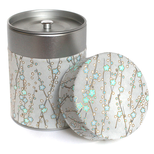 Boîte à thé japonaise Petites fleurs bleues et vert d'eau fond gris - M571
