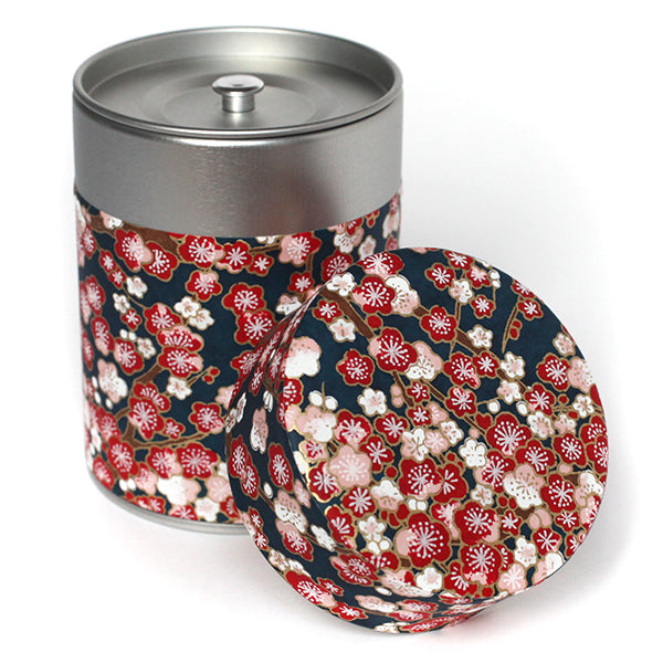 Boîte à thé japonaise Fleurs de cerisier roses et rouges fond bleu - M592