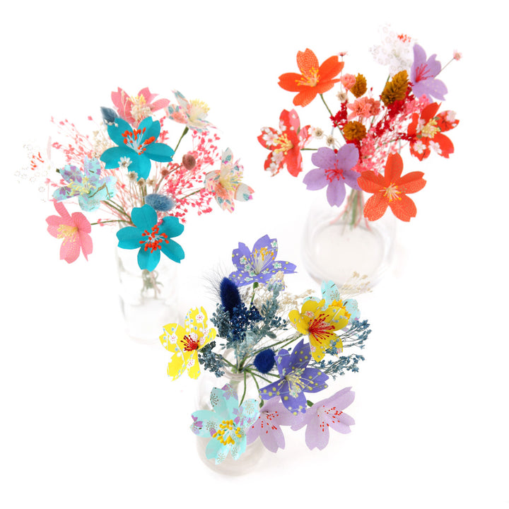 Bouquet de Fleurs en Papier Japonais et Fleurs Séchées - Violet, Vert, Jaune et Turquoise