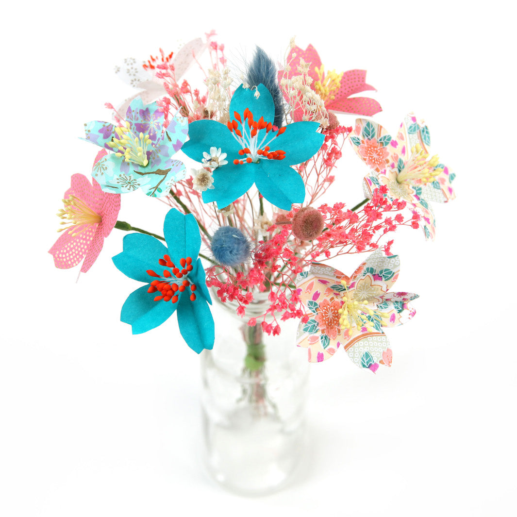 Bouquet de Fleurs en Papier Japonais et Fleurs Séchées - Rose, Mauve, Orange et Turquoise