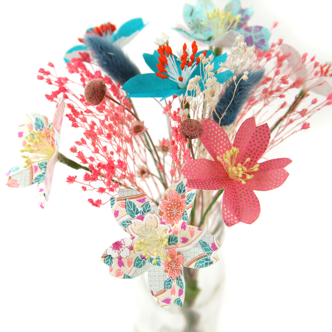 Bouquet de Fleurs en Papier Japonais et Fleurs Séchées - Rose, Mauve, Orange et Turquoise
