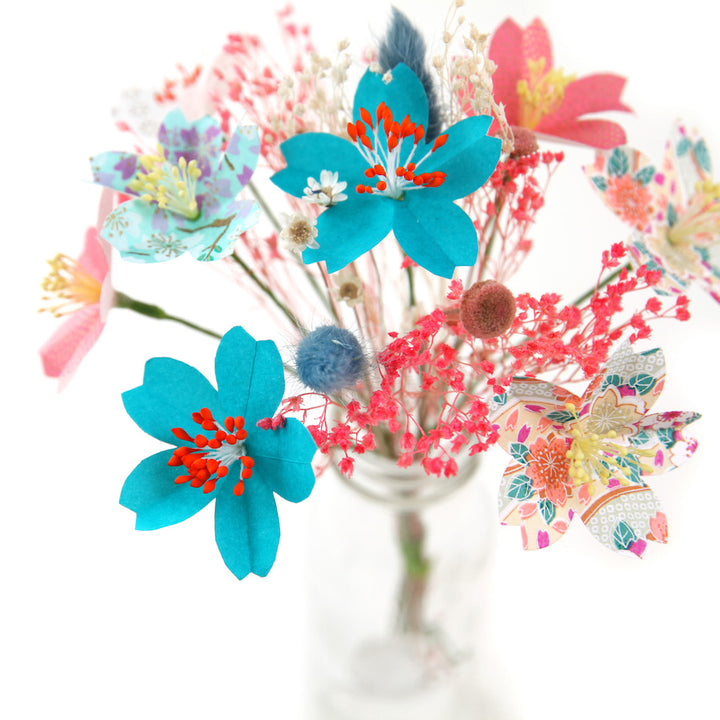 Bouquet de Fleurs en Papier Japonais et Fleurs Séchées - Rose, Mauve, Orange et Turquoise