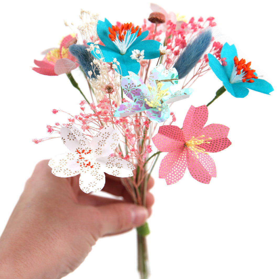 Bouquet de Fleurs en Papier Japonais et Fleurs Séchées - Rose, Mauve, Orange et Turquoise
