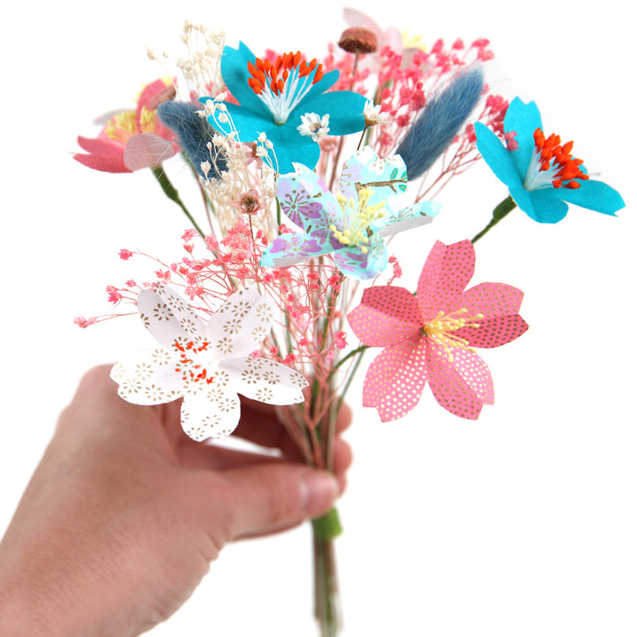Bouquet de Fleurs en Papier Japonais et Fleurs Séchées - Rose, Mauve, Orange et Turquoise