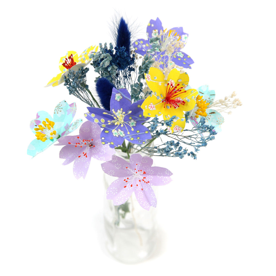 Bouquet de Fleurs en Papier Japonais et Fleurs Séchées - Violet, Vert, Jaune et Turquoise