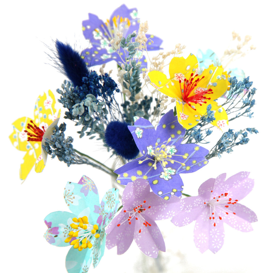 Bouquet de Fleurs en Papier Japonais et Fleurs Séchées - Violet, Vert, Jaune et Turquoise