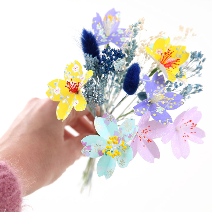Bouquet de Fleurs en Papier Japonais et Fleurs Séchées - Violet, Vert, Jaune et Turquoise