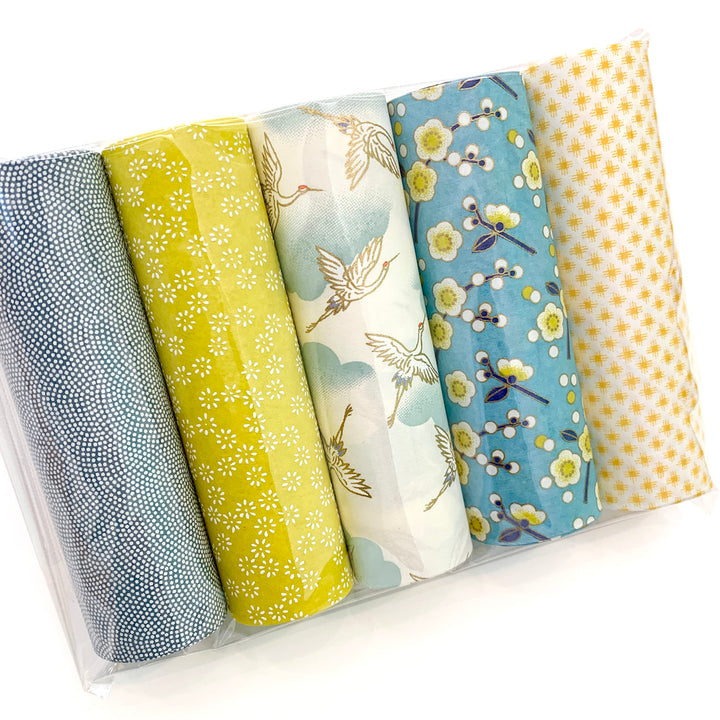 Lot de 5 Rouleaux de Papiers Japonais - Bleu, Bleu Gris et Jaune Acidulé