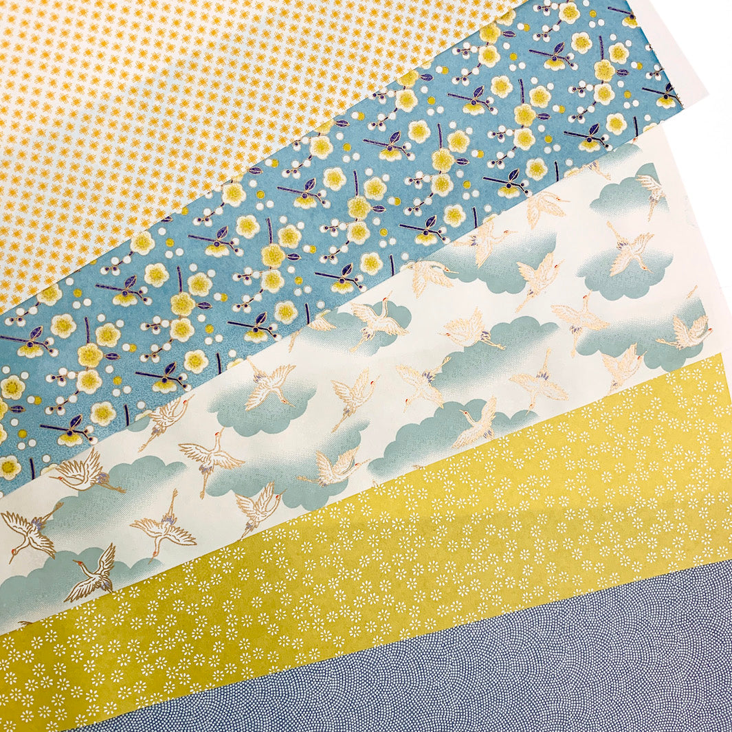 Lot de 5 Rouleaux de Papiers Japonais - Bleu, Bleu Gris et Jaune Acidulé