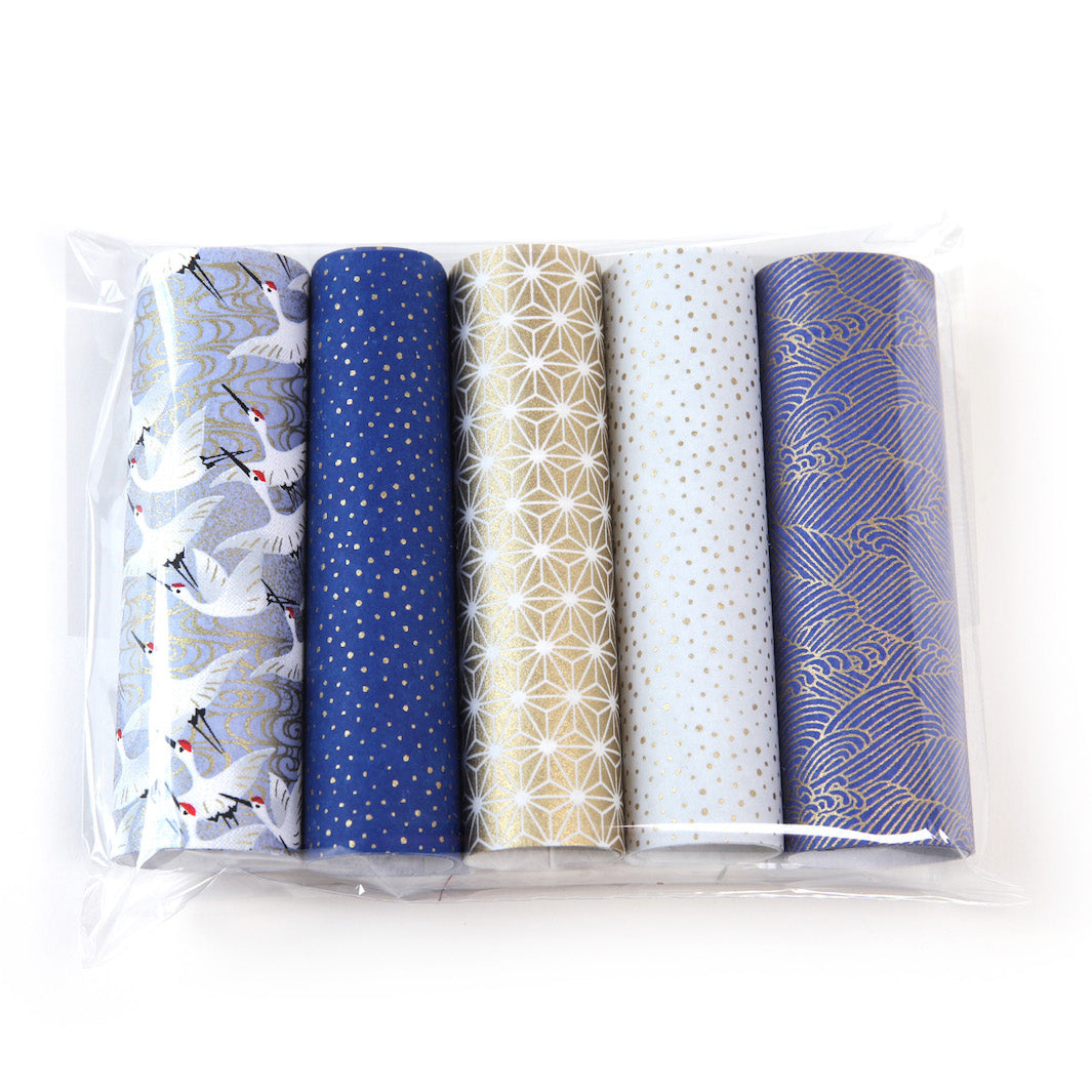 Lot de 5 rouleaux de papiers japonais - Bleu Nuit, Bleu Gris et Or