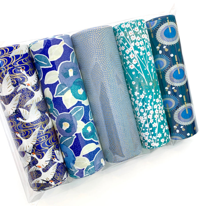 Lot de 5 Rouleaux de Papiers Japonais - Bleu Nuit, Bleu Turquoise et Bleu Gris
