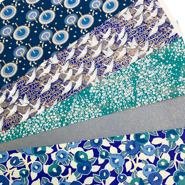 Lot de 5 Rouleaux de Papiers Japonais - Bleu Nuit, Bleu Turquoise et Bleu Gris
