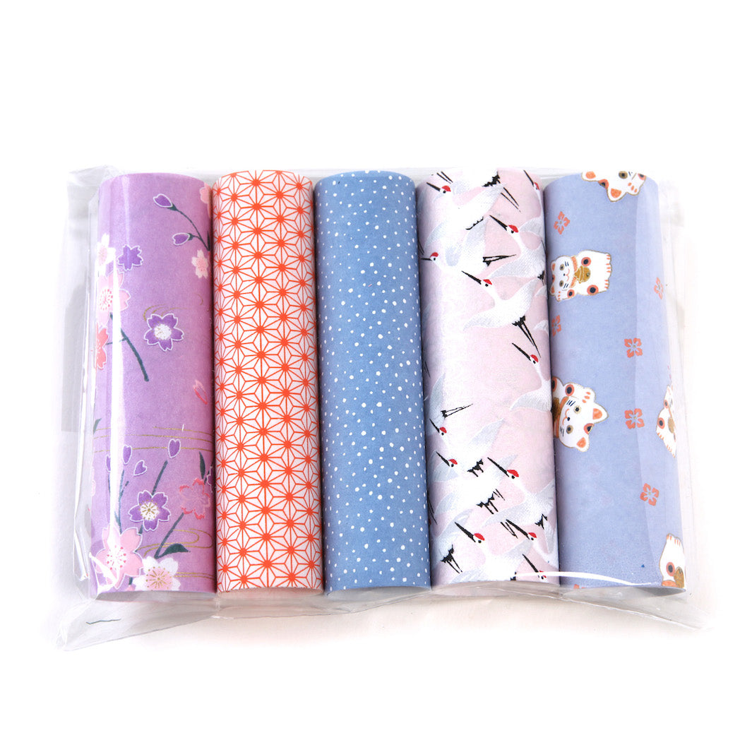 Lot de 5 rouleaux de papiers japonais - Mauve, Rose, Bleu et Orange