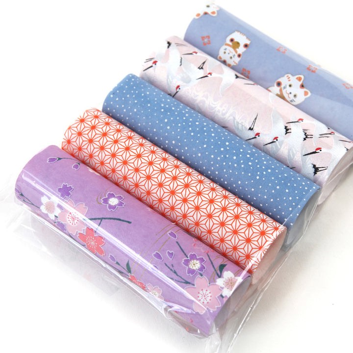 Lot de 5 rouleaux de papiers japonais - Mauve, Rose, Bleu et Orange
