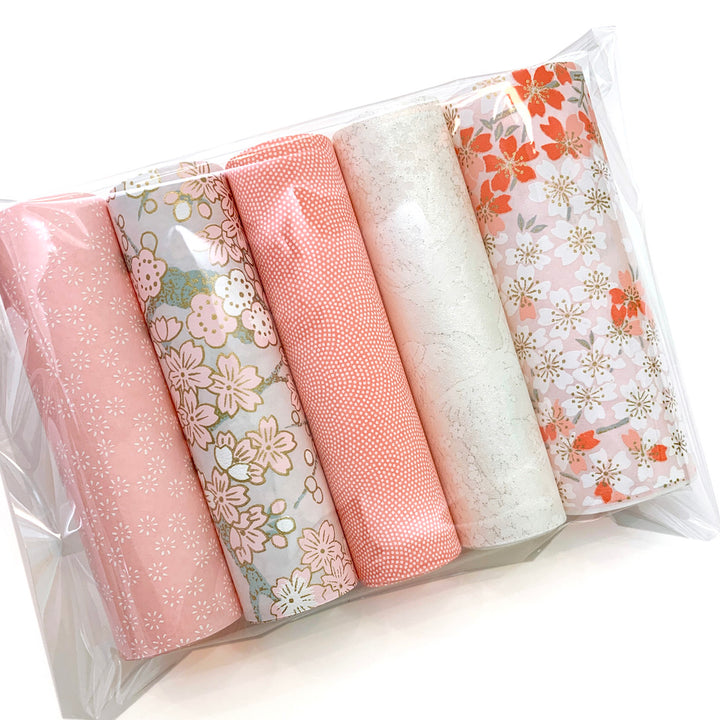 Lot de 5 Rouleaux de Papiers Japonais - Rose, Gris Clair et Blanc Nacré