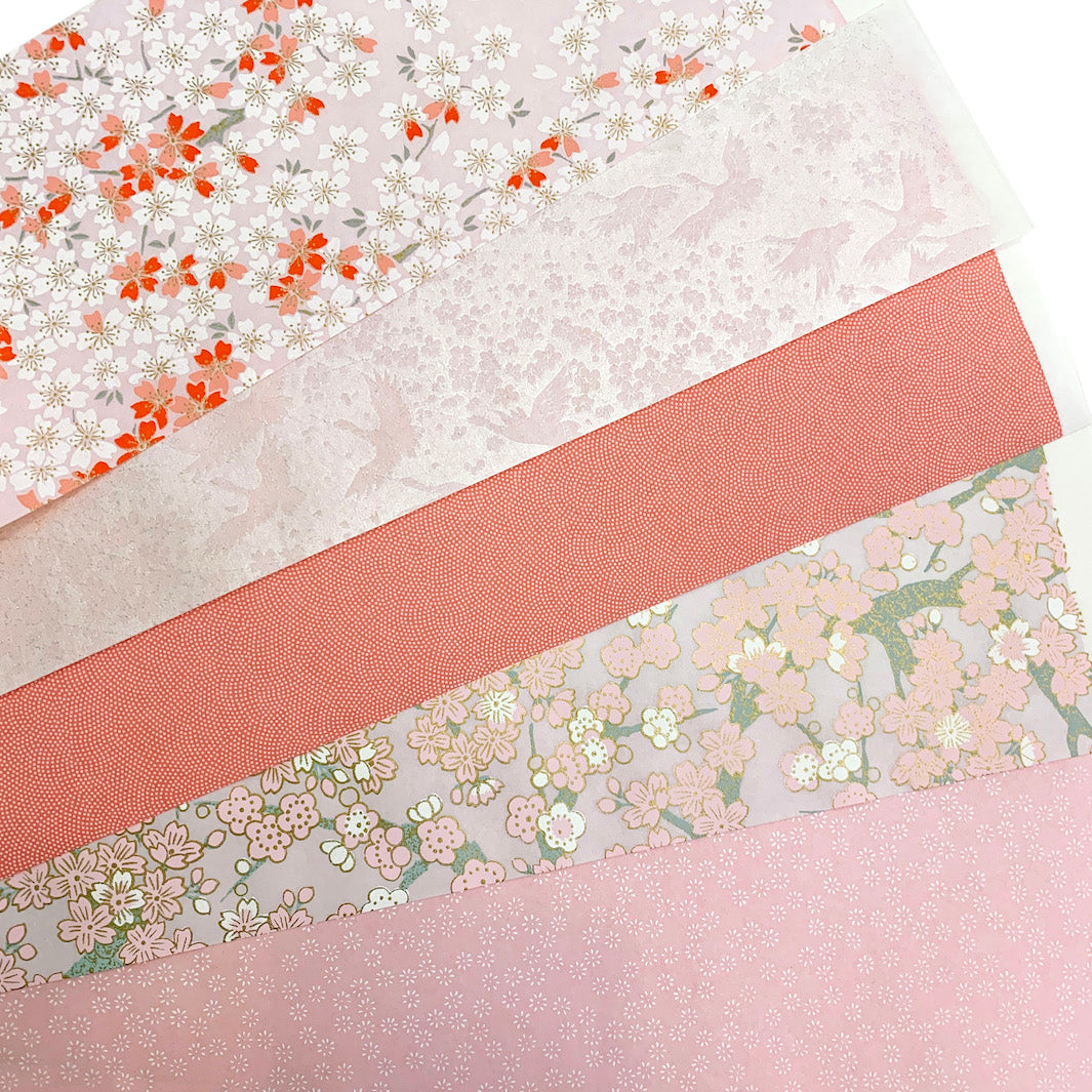 Lot de 5 Rouleaux de Papiers Japonais - Rose, Gris Clair et Blanc Nacré
