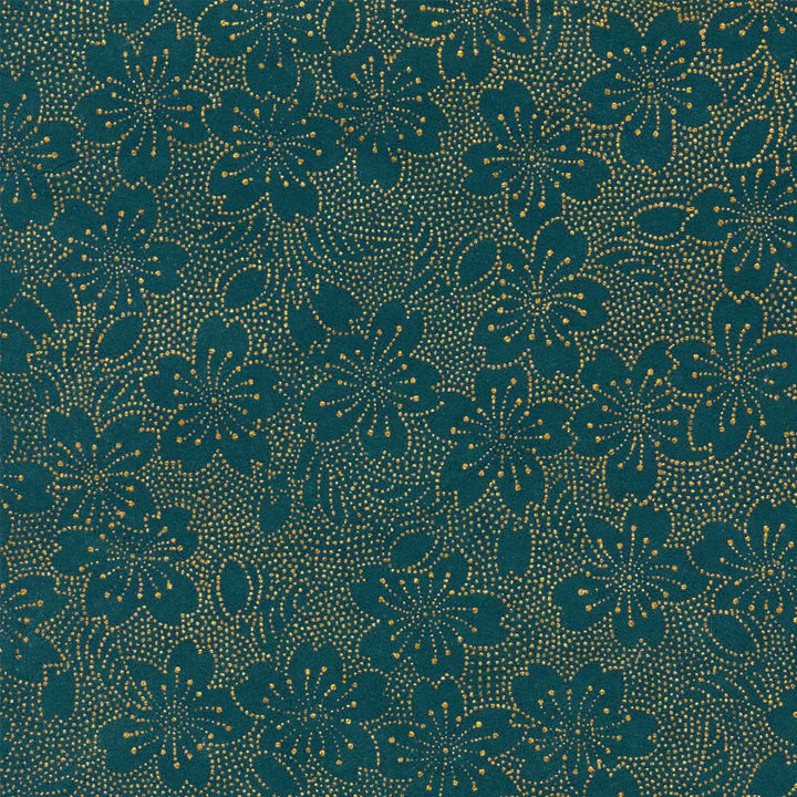 carré de 10cm par 10cm de papier japonais yuzen chiyogami aux motifs de fleurs en pointillés dans les tons bleu canard adeline klam (M958)