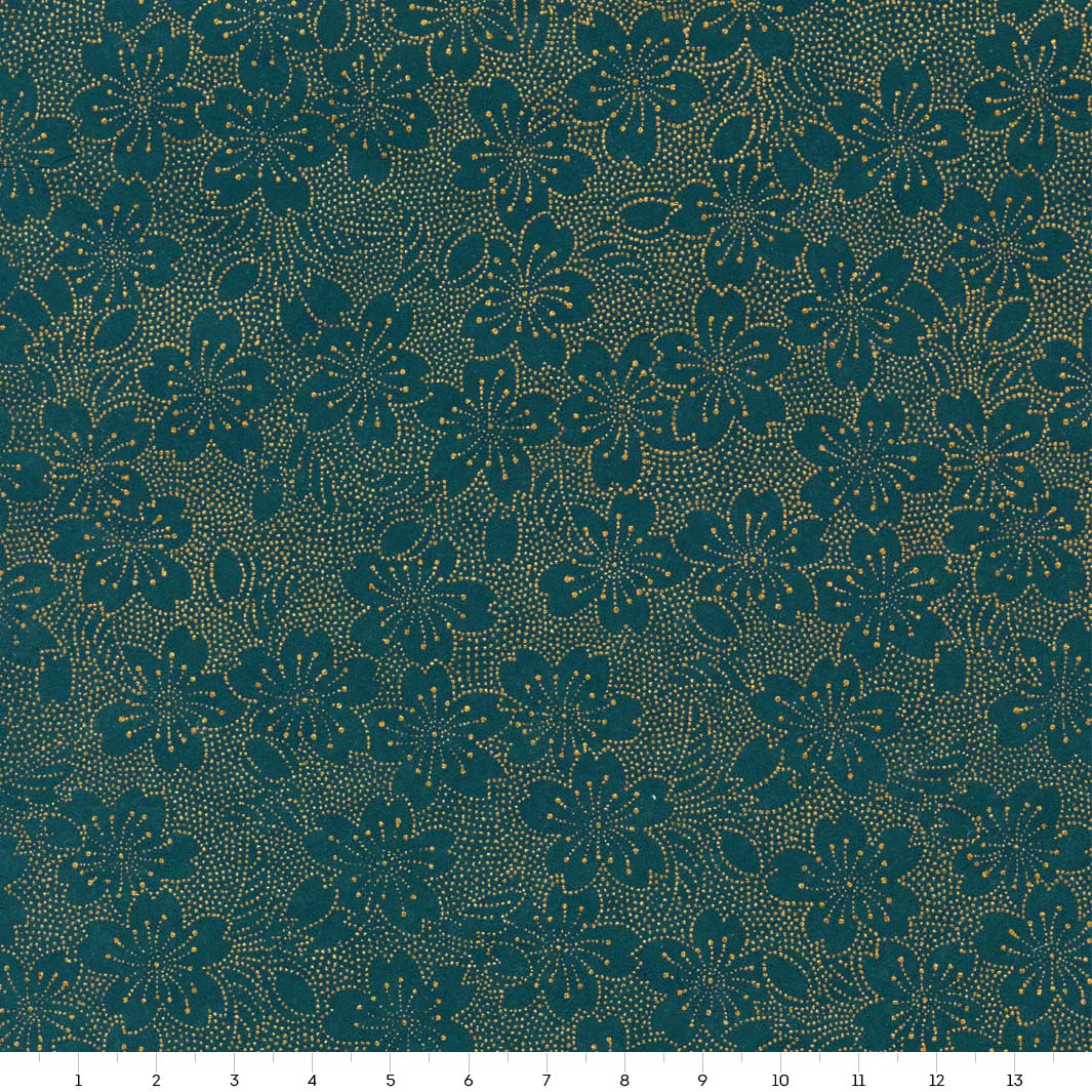 carré de 14cm par 14cm de papier japonais yuzen chiyogami aux motifs de fleurs en pointillés dans les tons bleu canard adeline klam (M958)