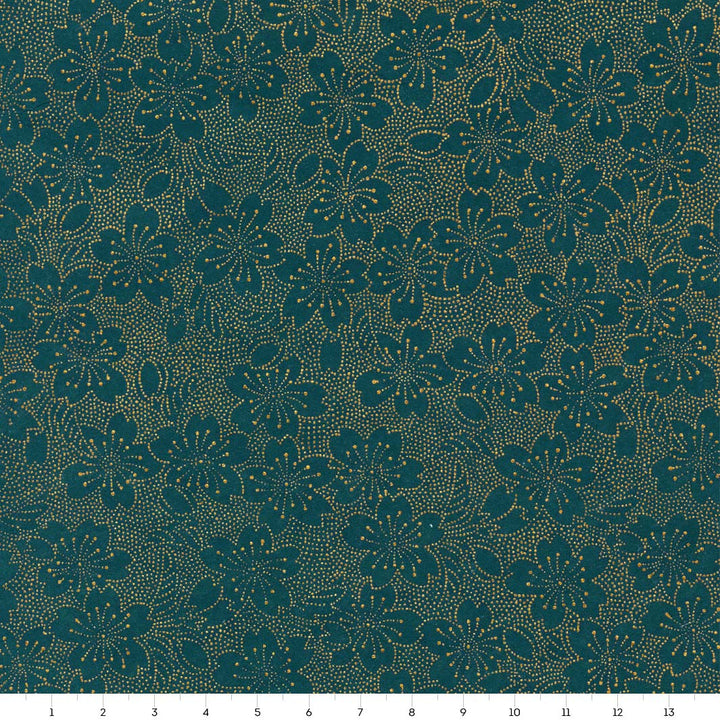 carré de 14cm par 14cm de papier japonais yuzen chiyogami aux motifs de fleurs en pointillés dans les tons bleu canard adeline klam (M958)
