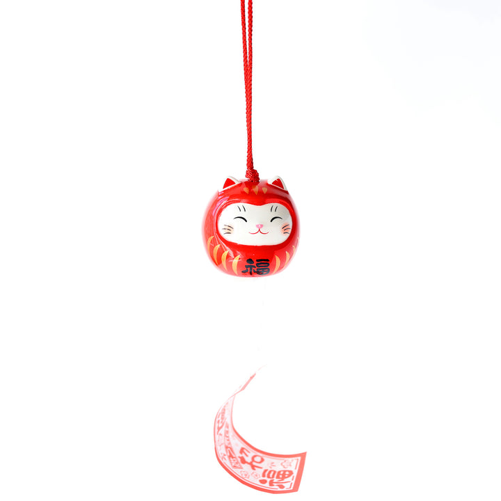 clochette à vent japonaise en céramique rouge suspendue en forme de daruma chat