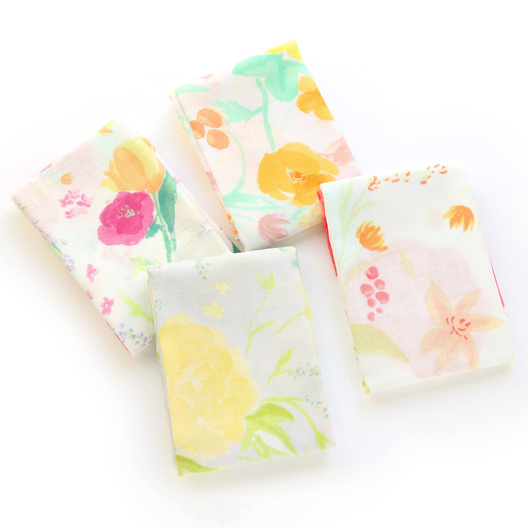Tissu Japonais - Fleurs Aquarelle - Jaune, Orange, Rose, Violet, Bleu et Vert - T488