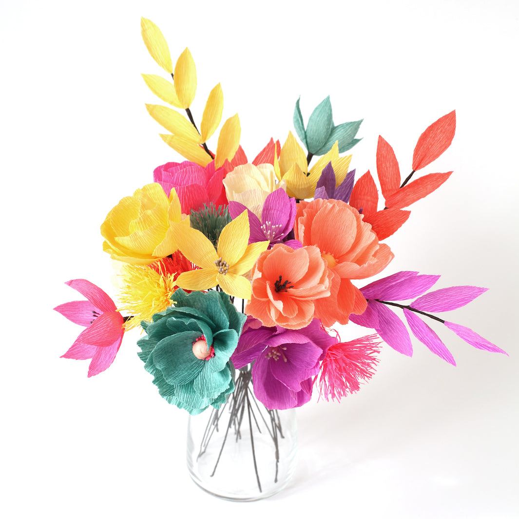 Kit Bouquet de Fleurs en Crépon - Jaune, Corail, Rose, Violet, Jaune et Bleu Canard - Arlequin