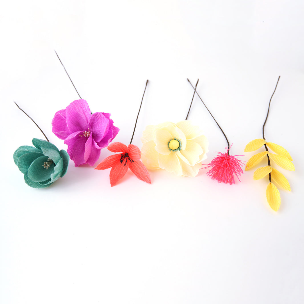 Kit Bouquet de Fleurs en Crépon - Jaune, Corail, Rose, Violet, Jaune et Bleu Canard - Arlequin