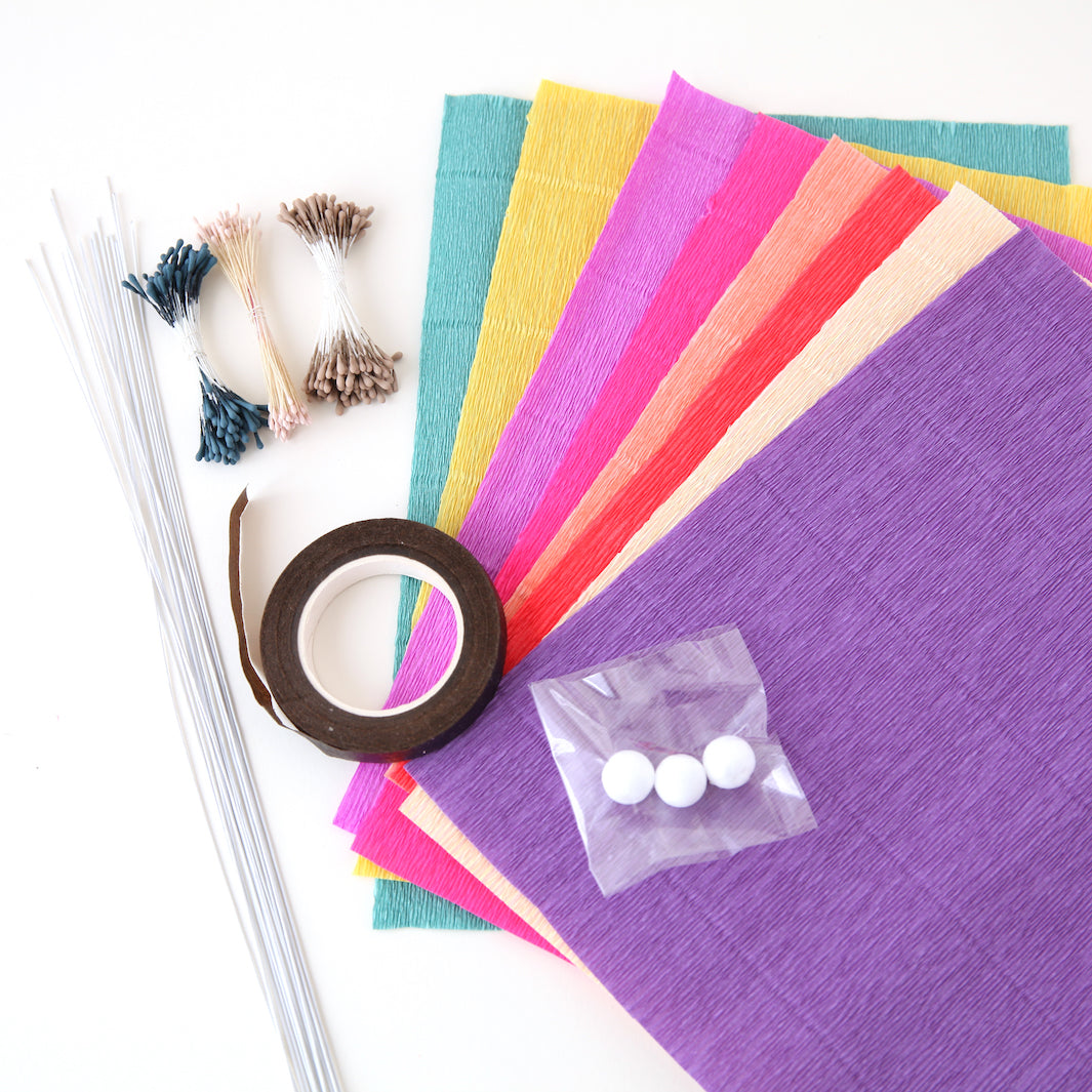 Kit Bouquet de Fleurs en Crépon - Jaune, Corail, Rose, Violet, Jaune et Bleu Canard - Arlequin