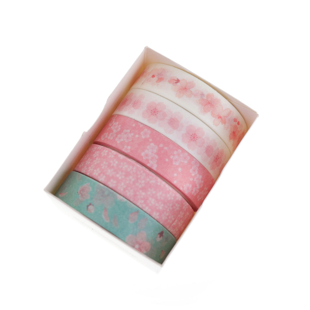 Lot de 5 Masking-Tape - Fleurs de Cerisier - Rose, Blanc et Vert d'Eau