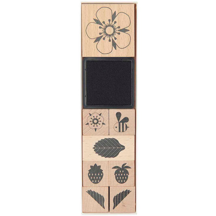 Lot de 8 Tampons avec Encreur Noir - Fleurs de Fraisier, Fraises et Abeille