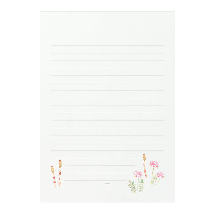 photo packshot d'un des motifs de feuille du bloc de 32 papiers à lettres « fleurs 4 saison » en format B5 de la marque midori