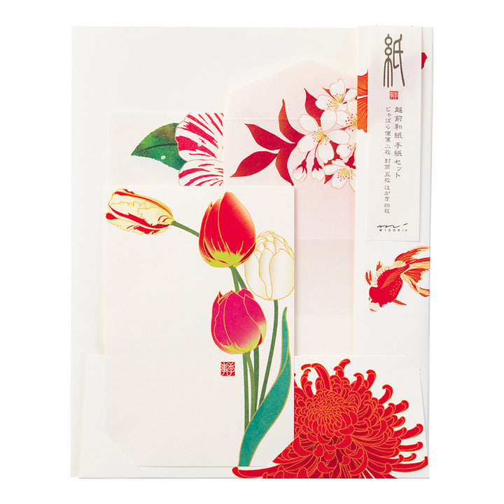 Set de Correspondance - Papiers, Cartes et Enveloppes - Fleurs Rouges