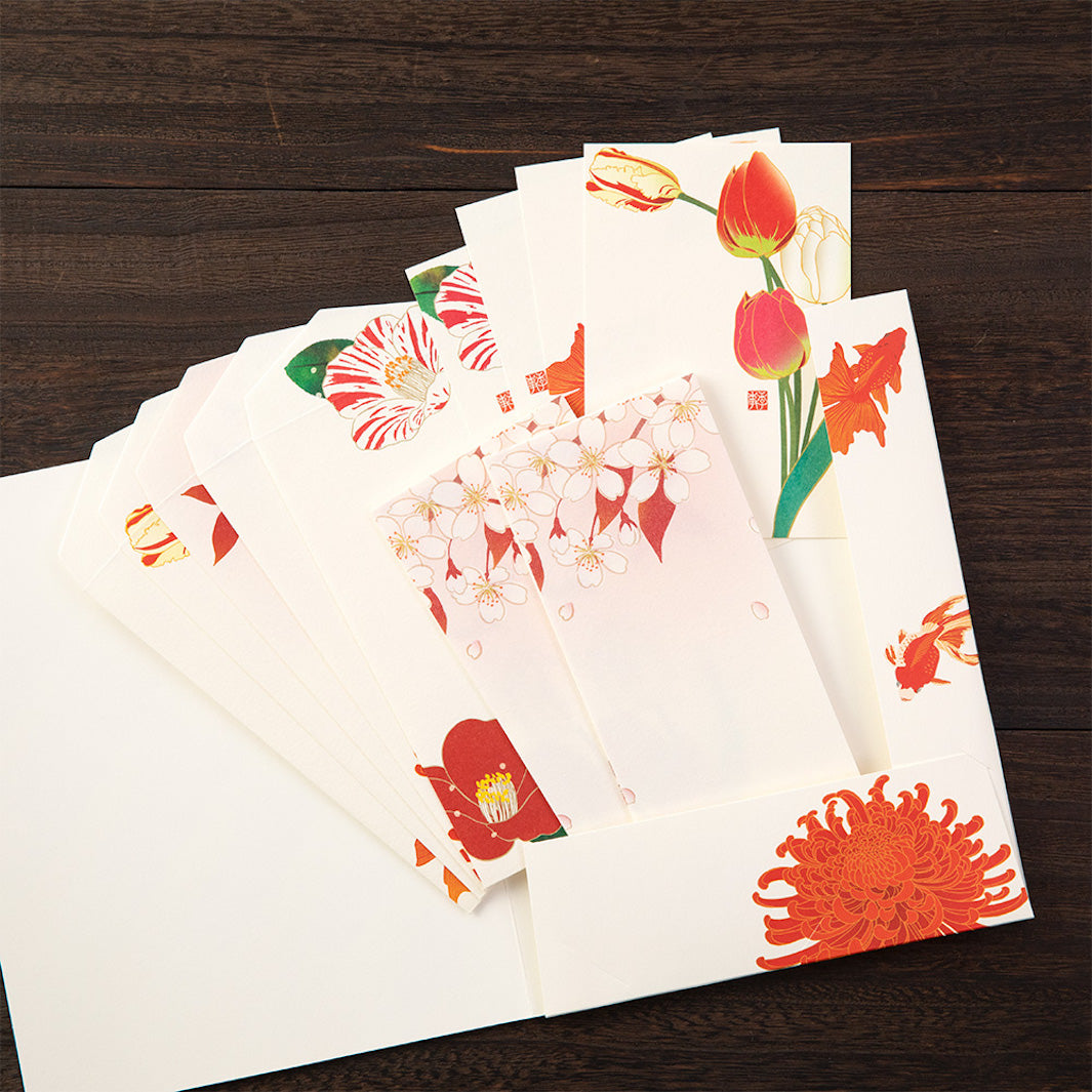Set de Correspondance - Papiers, Cartes et Enveloppes - Fleurs Rouges
