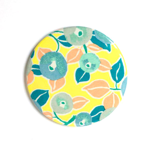 Miroir de Poche en Papier Japonais - Camélias - Vert d'eau, Turquoise, Saumon et Jaune - M805