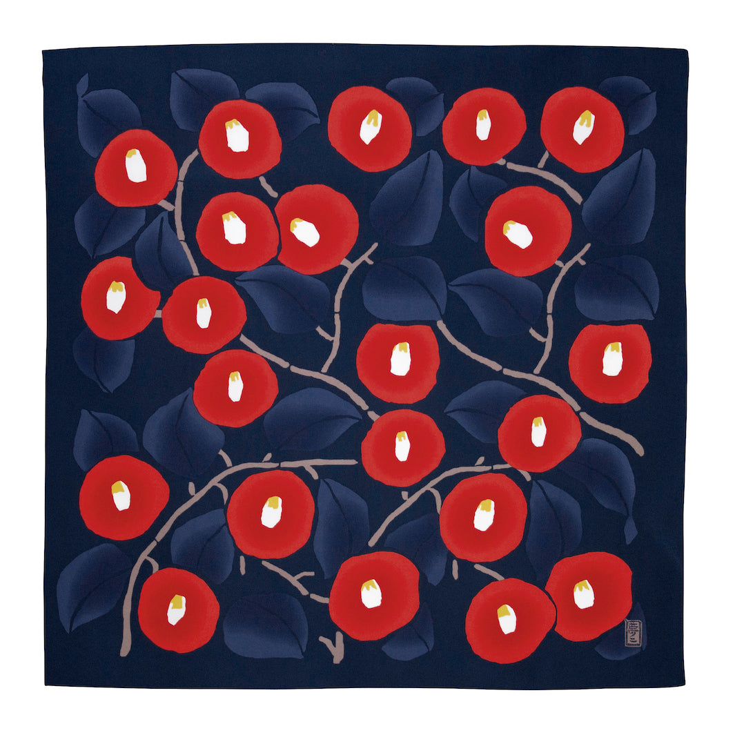 Furoshiki - Aquadrop - Camélias - Bleu Marine et Rouge - Yumeji Takehisa - 70x70cm