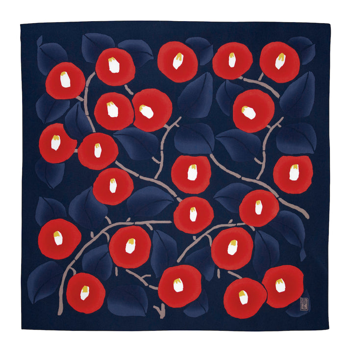Furoshiki - Aquadrop - Camélias - Bleu Marine et Rouge - Yumeji Takehisa - 70x70cm