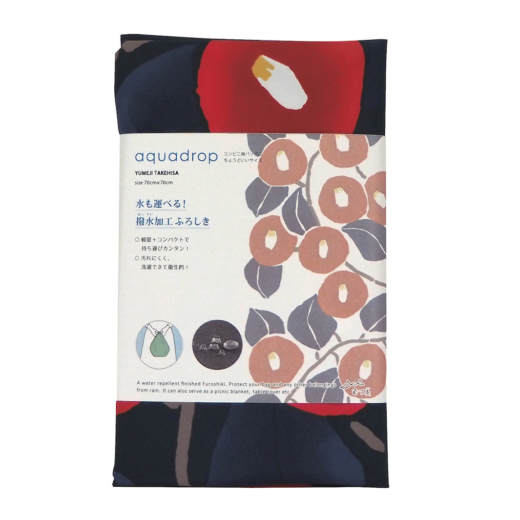 Furoshiki - Aquadrop - Camélias - Bleu Marine et Rouge - Yumeji Takehisa - 70x70cm