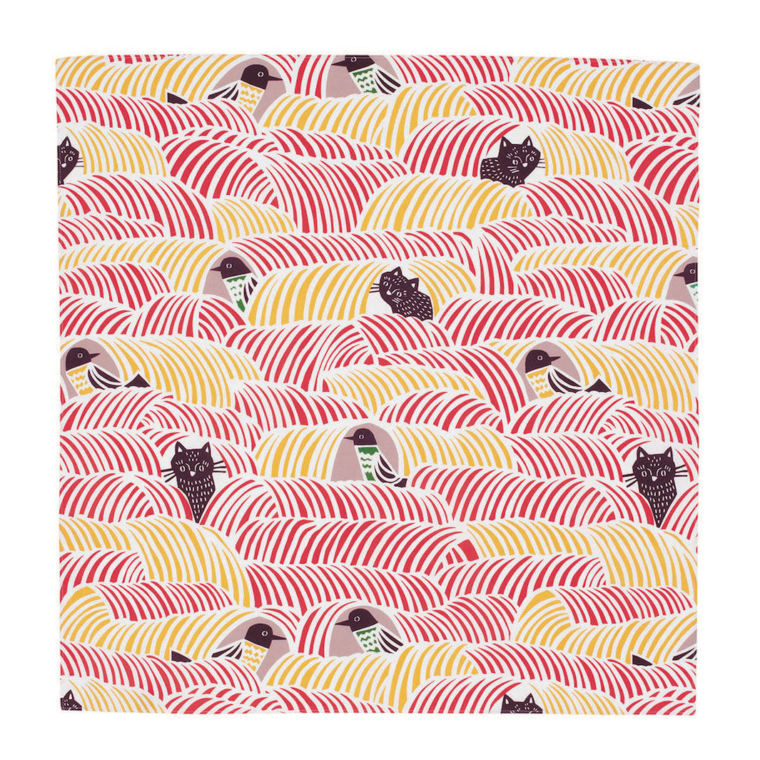 Furoshiki - Chats et Oiseaux, Jaune et Rouge - Kata Kata - 45x45cm