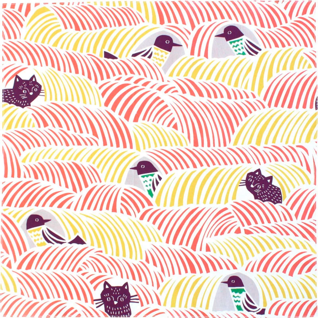 Furoshiki - Chats et Oiseaux, Jaune et Rouge - Kata Kata - 70x70cm