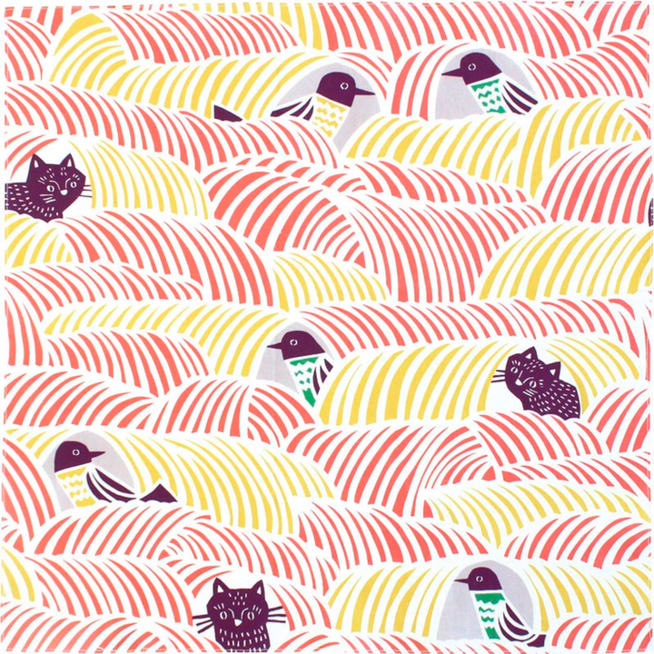Furoshiki - Chats et Oiseaux, Jaune et Rouge - Kata Kata - 70x70cm