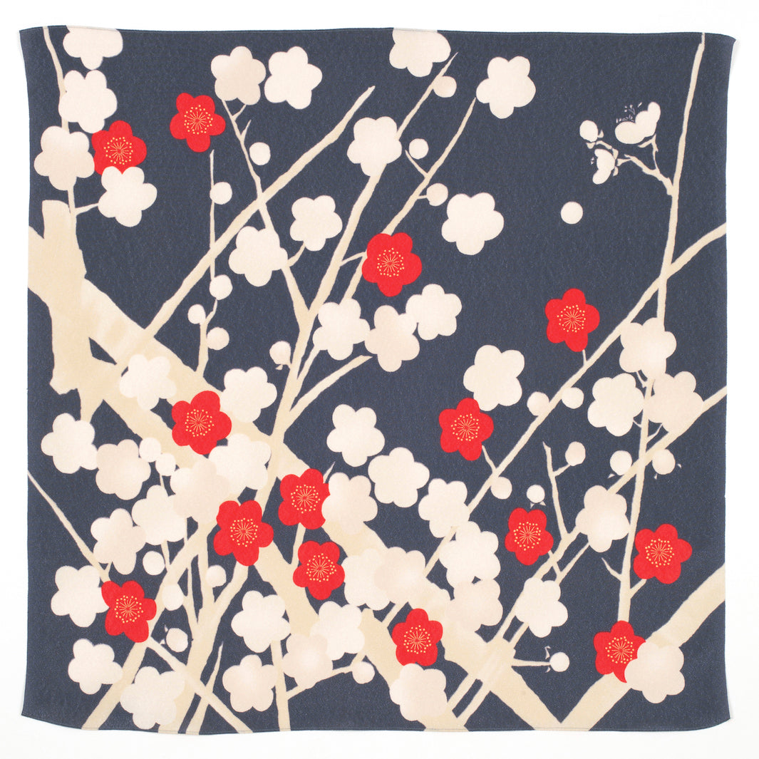 Furoshiki - Fleurs d'Abricotier, Gris, Beige et Rouge - Koetsu Chirimen - 70x70cm