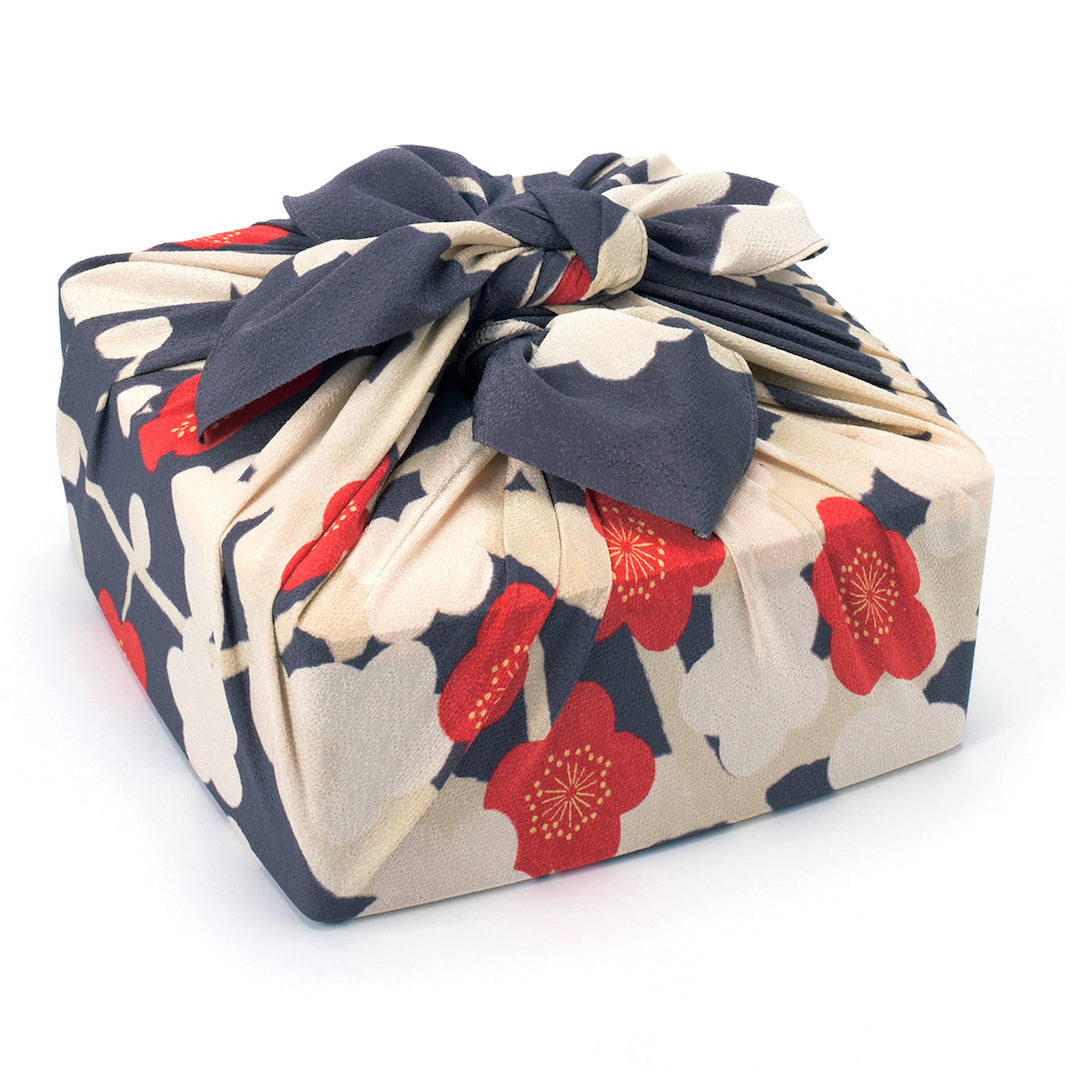 Furoshiki - Fleurs d'Abricotier, Gris, Beige et Rouge - Koetsu Chirimen - 70x70cm