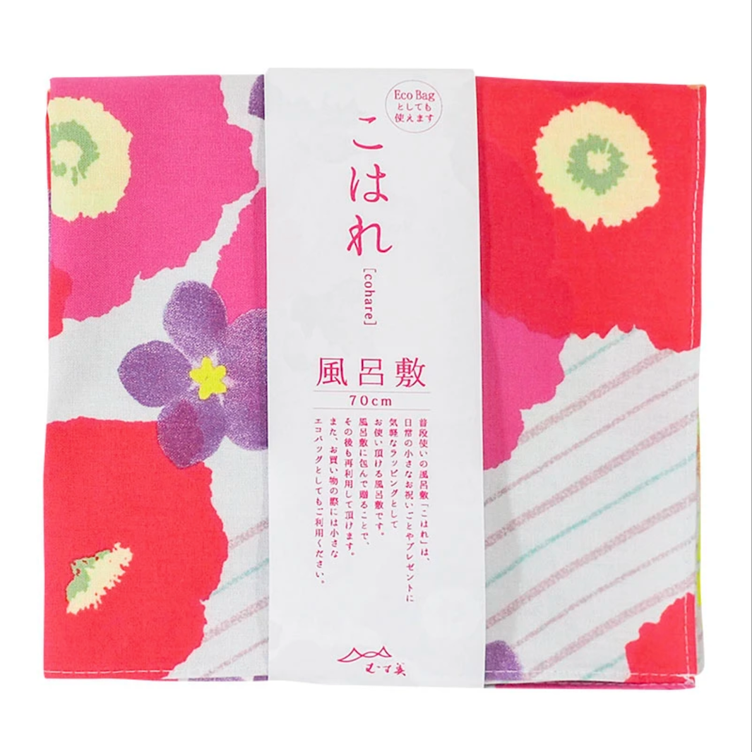 Furoshiki - Grosses Fleurs, Rouge, Rose, Jaune et Violet - Cohare - 45x45cm